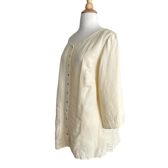 AVENUE Pale Yellow Pintuck Linen Blend Tunic Blouse Mother of Pearl Button Front - Picture 6 of 14